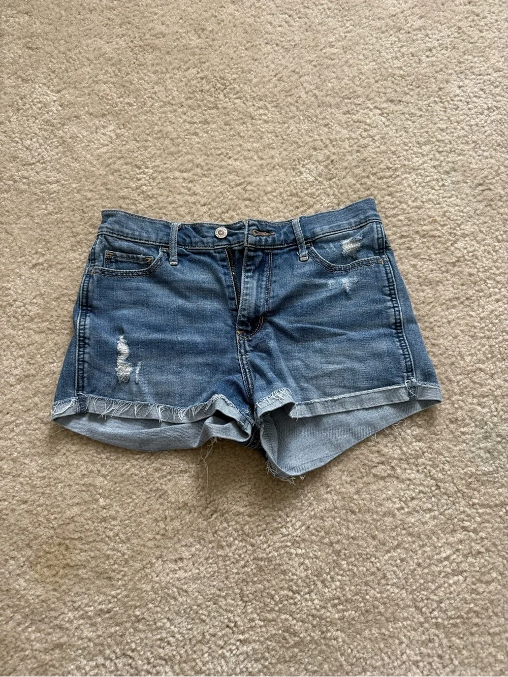 Hollister Distressed Blue Denim Roll-Hem Shorts